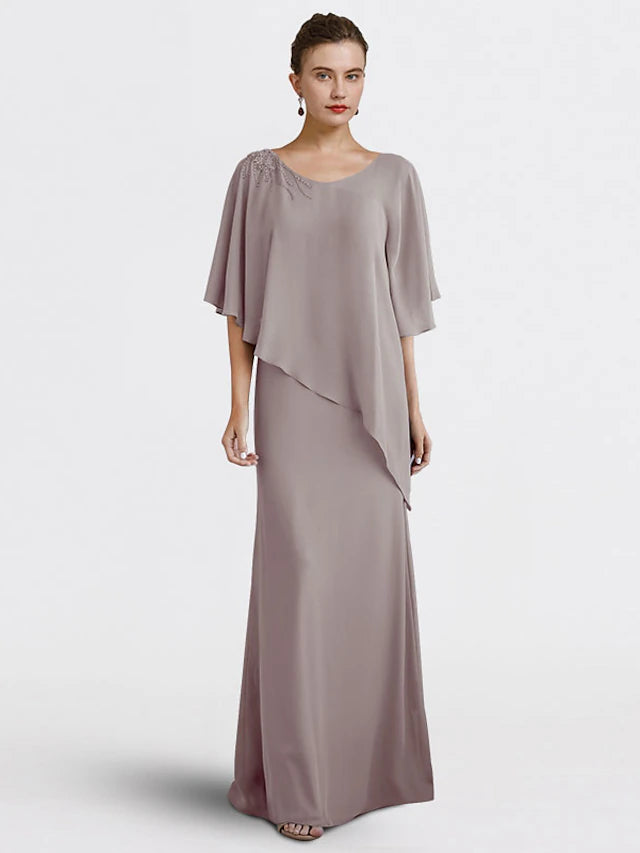 Etuikleid/Säulenkleid für die Brautmutter, Übergröße, elegant, V-Ausschnitt, bodenlang, Chiffon, halbe Ärmel, mit Perlen